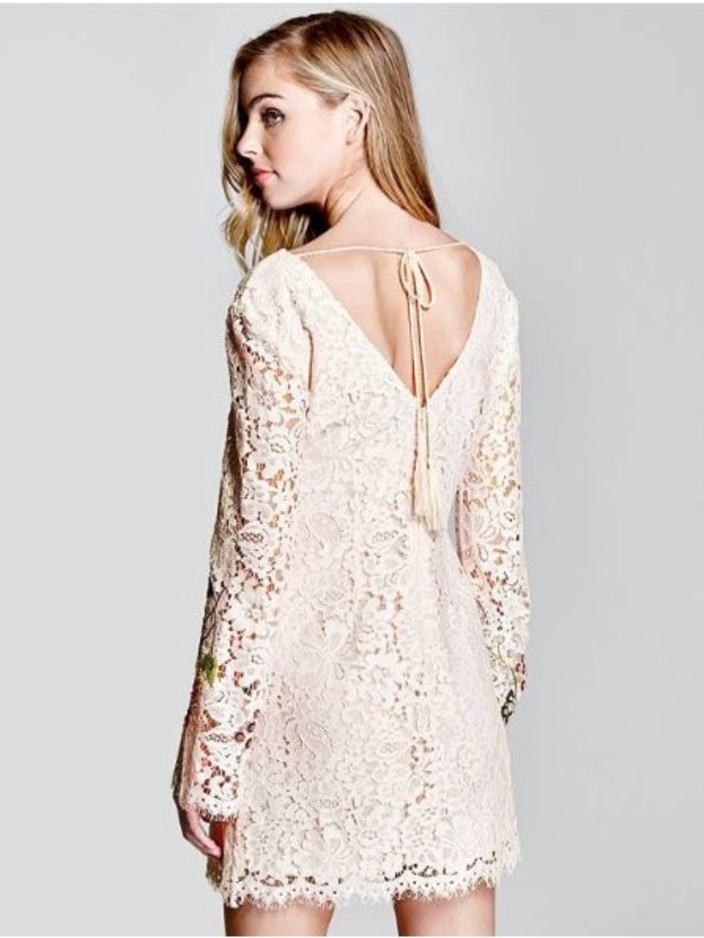 Guess by Marciano Cream Lace V-Neck Long Sleeve Mini Dress with Floral Accent - Picture 3 of 4